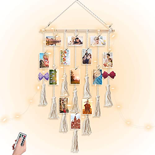 Photo Display Boho Room Decor Girls Gifts Women Birthday Gift Macrame Picture Board With Remote Light Pictures Hanging Photo Wall Decor,With 30 Wood Clips,Wall Decor For Girl,Women,Girl Sister,Aunt,Grandma #TOP1