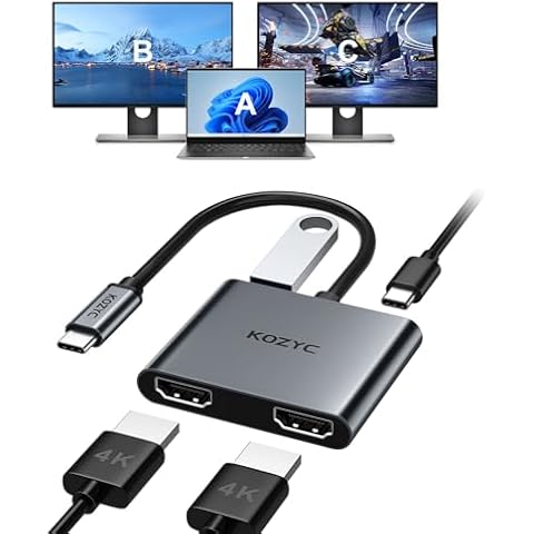 KOZYC USB C to Dual HDMI Adapter 4K@30Hz, USB C Hub Multiport Adapter with 2xHDMI, USB 3.0, 100W PD, Support USB C to HDMI Splitter Extended Display (MST Only Support Windows), Gray Cover
