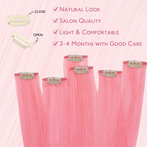 Image of WENNALIFE Peach Pink Clip in Hair Extensions Real Human Hair 35g 6pcs 16 Inch Colored Hair Extensions for Kids Women Colorful Hair Pieces Pop-up Style Straight Extensiones De Cabello Humano Con Clip