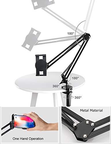 Foldable Cell Phone Tablet Arm Mount for Desk & Bedside, Adjustable Long Arm Tablet Stand for All 4-12.9 inch Smartphones & Tablets Clamp Clip for Apple iPhone/ipad Mini/ipad Air/Galaxy