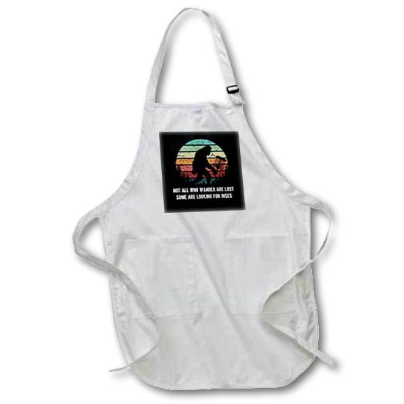 BLACK Full Length Apron with Pockets 22w x 30l - Not all who wander are lost some are seaching for discs with Big Foot. Stamp City - typography - disc golf