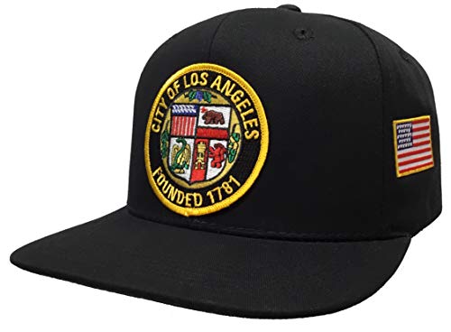 City of Los Angeles Gold Black Seal with Small USA Flag Black Snapback Hat