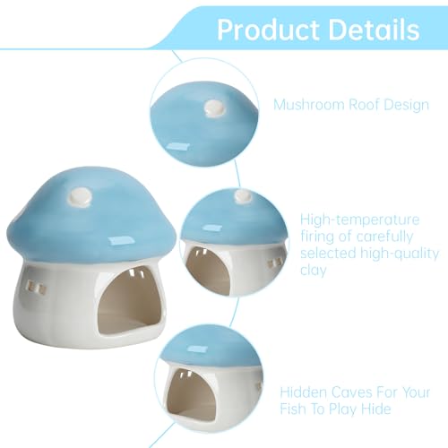 Image of Saim Ceramics Mushroom House Aquarium Decor, Betta Fish Tank Accessories Landscape Decoration, Small Shrimp Goldfishes Habitat Hut Pleco Smalland Breeding Hide Caves Toad House - Blue