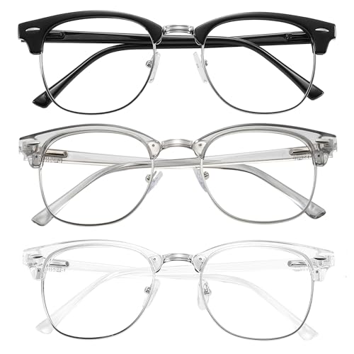 Image of Przene Blue Light Blocking Glasses for Men Women Retro Round Semi Rimless UV400 Computer Eyewear 3-Pack Black /grey /transparent