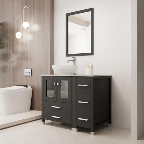 36 Inch Bathroom Vanity Combo with Ceramic Vessel Sink & Mirror 5 Drawers and Glass Door Vanity Cabinet with Chrome Faucet & Pop-Up Drain Set for Modern Homes, Hotels & Washrooms, High Gloss Black