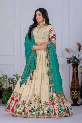 Image of Women Heavy Chinon Silk Stitched Lehenga Choli Set With Multicolor Embroidery And Dupatta Set