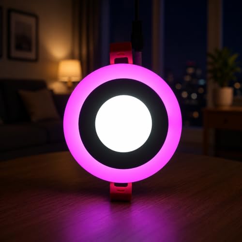 Image of OLIPS 6W (3+3) LED Ceiling Panel Down Light | Dual Color Change by On /Off Switch | Fan Box POP Decorative LED | White Center & Color Ring Design (Pink, 1)