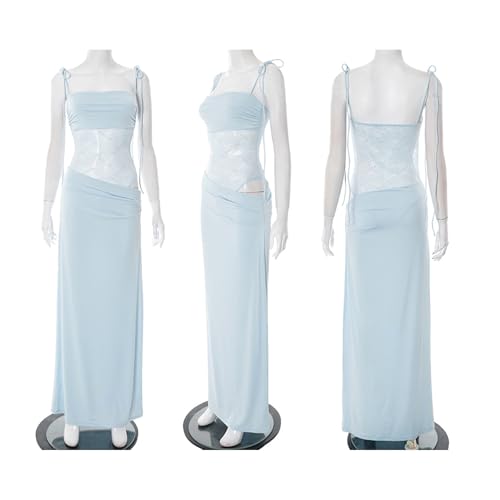 Image of Unybwonn Lace Maxi Dress Sexy Sheer Sleeveless Bodycon Mesh Long Dresses Cut Out Spaghetti Strap Wedding Guest Dress