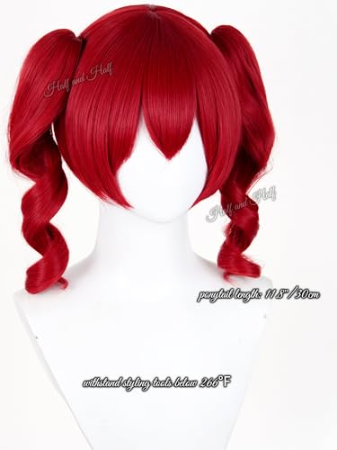 Image of Half and Half Short Curly Deep Red Anime Ponytail Wig with Bangs for Women Dark Red Twin Tails Virtual Singer Lolita Wigs Game Clown Wig for Halloween Party Costumes Daily