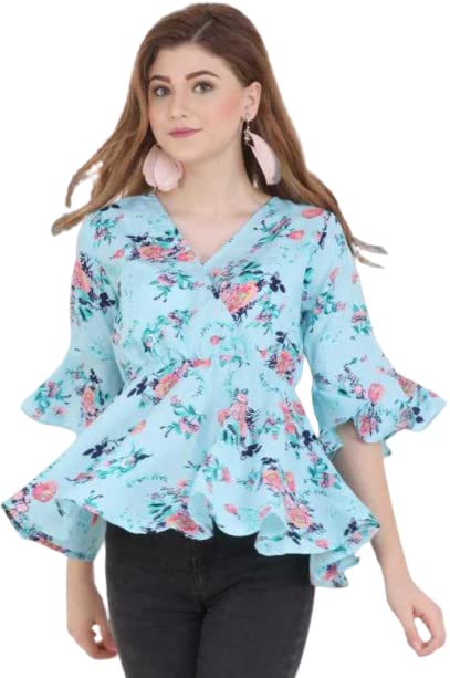 Image of f-apparel Women's Casual Floral Printed Light Blue Top