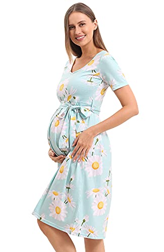 Sunnybuy Women's Maternity Dress Casual Maternity Swing Dresses Pregnancy Clothes Knee Length With Belt,Blue Daisy-M #TOP2