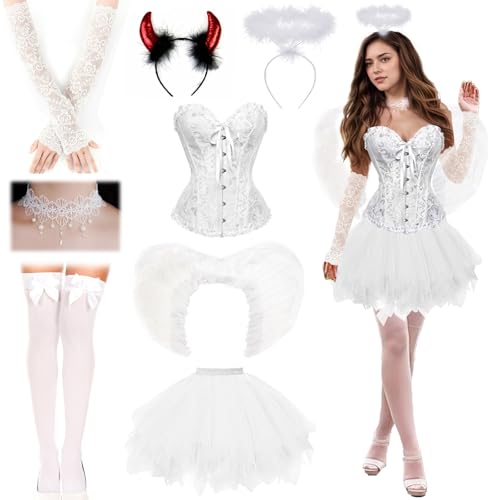 HUIKUANGEU Tüllrock,Engel Kostüm,Engel Flügel,Engel und Teufel Flügel Kostüm,Halloween Kostüm Damen,Damen Schnürkorsett Top,Engelsflügel...