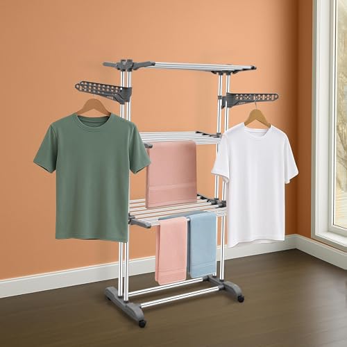 Image of Plantex Clothes Stand for Drying Clothes /Stainless Steel Cloth Drying Stand Folding /3 Layer Stand for Cloth Drying - Aeronest (Chrome & Gray)