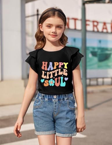 Image of Girls T Shirts Ruffle Short Sleeve Round Neck Loose Blouse Summer Solid Color Casual Girl Tee Tops for 3-12 Years