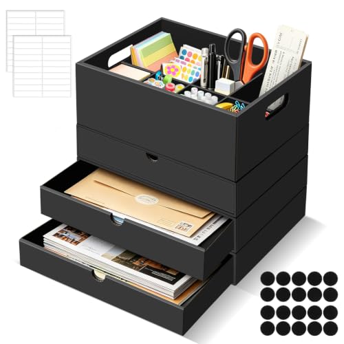 Image of Modular Cardboard Desk Organiser Set, 3‑Pack Drawer Boxes & 6‑Compartment Storage Box, Stackable or Side‑by‑Side, Desktop Tidy for A4 Papers, Stationery, Craft Supplies for Home Office Reception