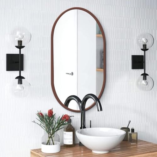 Image of Oval Wall Mirror with Durable Wooden Frame - 24 inchx16 inch (Brown) | Modern Decorative Wall Hanging Mirror for Bathroom, Basin, Living Room, Hostel Room & Dressing Table
