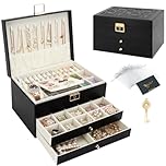 DesignSter Jewellery Box Organizer, Jewellery Organiser with 2 Drawers, 3 Layers Leather Jewellery Storage Box with Lock, Jewellery Storage Case for Necklace Earring Bracelet Ring, Black