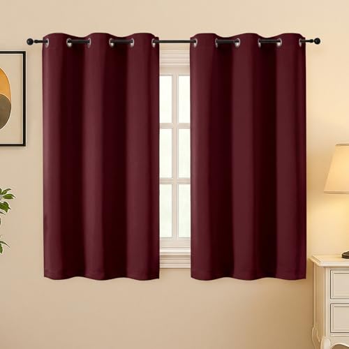 Image of Simplebrand Burgundy Room Darkening Curtains for Bedroom 45 Inches Long 2 Panels Set, Sunlight Blocking Curtains for Small Windows, Grommet Energy Saving Thermal Insulated Short Drapes, 40Wx45L