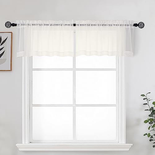Image of OWENIE Ivory Sheer Valance for Kitchen Windows Set of 2, Small Modern Rod Pocket Voile Valance Curtain Window Treatment Decor for Living Room Bathroom Cafe Laundry Basement, 42 inch W x 14 inch L