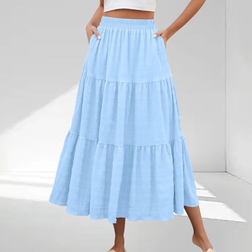 Pleated Maxi Skirts for Women Flowy Layered Tiered Boho Skirts Fashion Casual Beach Vacation Clothes with Pockets2
