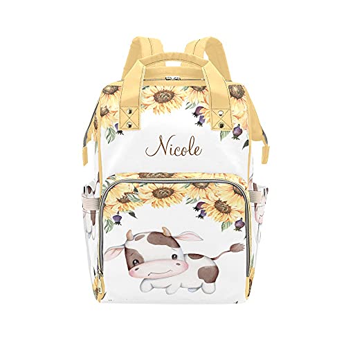 Grandkli Sunflower Little Cow Personalized Diaper Bag Multi-Function Backpack Nappy Bag Travel DayPack for Unisex, One Size