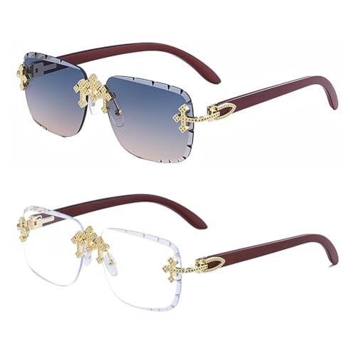 LRANOLWXV Gafas de sol rectangulares sin montura para hombre y mujer, protección UV400, lentes de borde cortado, marco de metal dorado, patillas de grano de madera, sunnies de lujo al aire libre