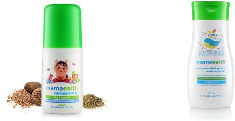 Mamaearth Easy Tummy Roll On for Digestion & Colic Relief with Hing & Fennel 40Ml & Deeply Nourishing wash for Babies (200 ml, 0-5 Yrs) Combo