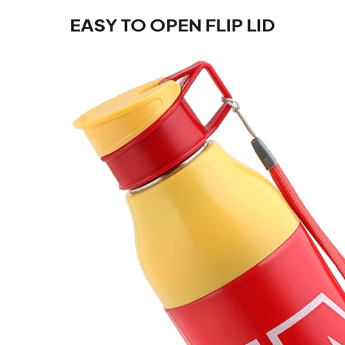 Image of CELLO Puro Steel-X Legend 600 Insulated Water Bottle 600 ml Red | 3D Touch & Feel Super Heroes Design, Lightweight Leakproof Easy Sip Flip Cap Insulated Water Bottle for School Kids Office & Travel