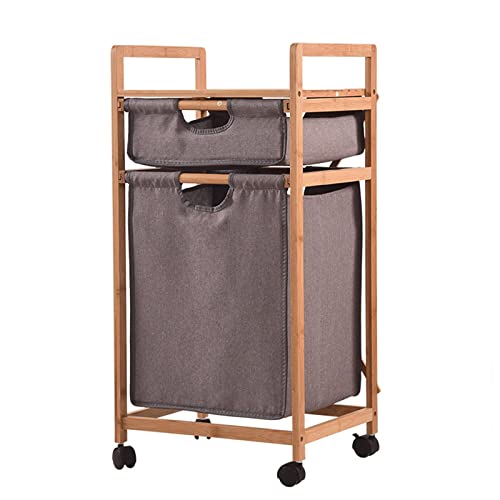 Multi-Function Storage Trolley Organizer Cart Bamboo 2 Compartment Laundry Basket with Pull Out Hamper & Storage Shelf, Nursery Laundry Sorter Cart with Wheels for Boys Girls Clothes