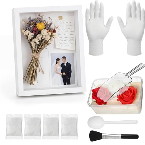 Lewtemi DIY Frame Craft Kit, Silica Gel Flower Drying with Container and Shadow Box Frame Set, DIY Wedding Bouquet, Graduation Gift, Flower Preservation Kit Memory Display Case(White,8x6)