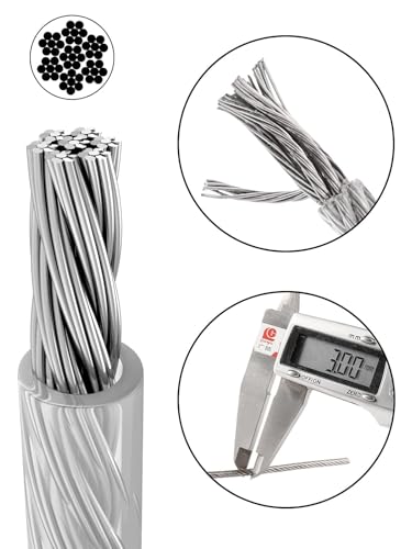 TooTaci 3mm Wire Rope Kit, 20M PVC Coated Stainless Steel Cable, Indoor Curtain Wire with M3 Thimbles, Crimp Sleeves & Carbon Steel Clamps, Ideal for Picture Hanging and Indoor Light Suspension