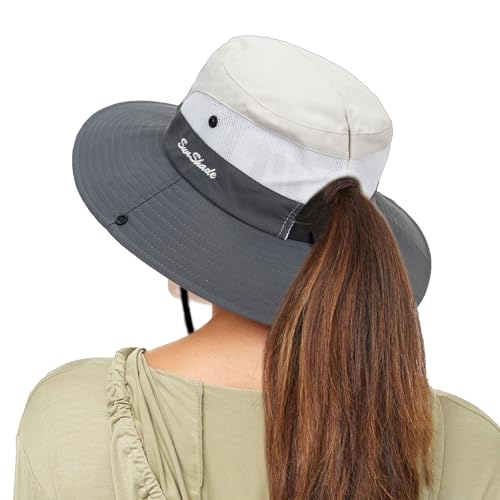 Image of Sun Hat for Women Summer UV Protection Beach Hat Wide Brim Mesh Bucket Fishing Hat with Ponytail Hole Foldable Packable Hat