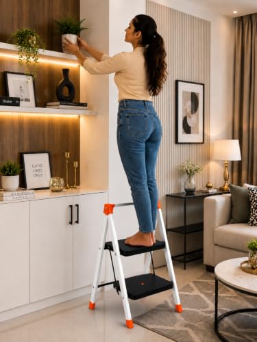 Image of CIPLA PLAST Polo 2-Step Foldable Ladder for Home & Office | Heavy Duty Anti-Slip Wide Steps | Lightweight Aluminium Step Stool | Safety Lock & Non-Slip Feet | Multi-Purpose Folding Ladder