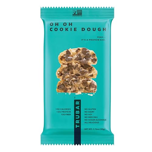 TRUBAR Vegan Protein Bar, Oh Oh Cookie Dough, Gluten Free, Plant Based, High Fiber, Dairy Free, Low Fat, Non GMO, No Sugar Alcohols, 12G Lean Protein, 13G Fiber, Healthy Snack Bars, 1 CT