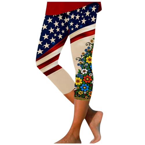 2026 Leggings da donna a vita alta controllo pantaloni da yoga per patriottico 4 luglio stampa leggings Capri allenamento atletico corsa fitness, Beige, XXL