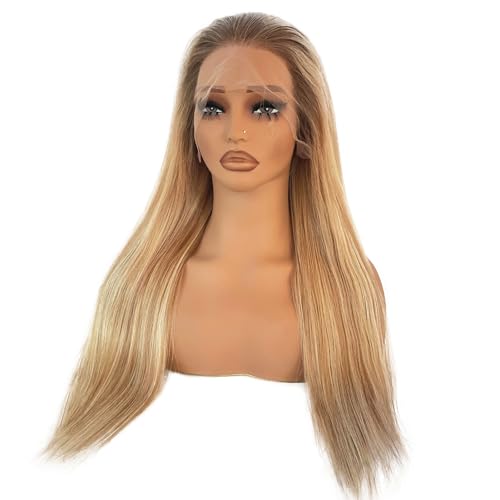 Image of Ash Blonde Lace Front Wig Human Hair, 13x4 Silky Straight Mini Knots HD Invisible Lace Wig for Women Glueless Blonde with Brown Highlights Wigs 26 Inch 180% Density Pre Plucked Frontal Wigs
