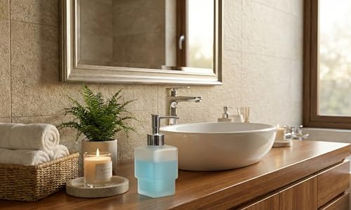 Image of Modern Frosted Glass Liquid Soap Dispenser for Bathroom and Kitchen Sink - 300ml Square Stepped Design Bottle with Rust-Proof Chrome Pump Luxury Hand Wash & Lotion Dispenser (Square LX-O)