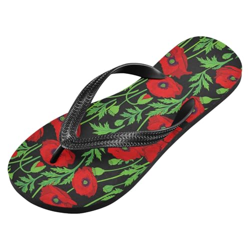 Red Flower Leaf Black Flip Flops for Beach Thong Sandals Anti-slip Lightweight Beach Shoes for Summer Outdoor Travel2
