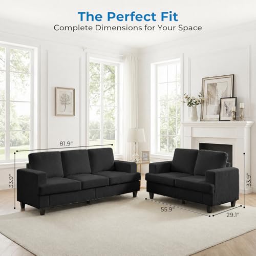 Image of Mjkone 2 Pieces Living Room Sofa Sets, 3 Seat 82 inch Width Sofas Couch and Loveseat Set, Sofas Couches Living Room Furniture Sets, Sectional Couch Set for Home Office, 3-Seat Sofa + Loveseat, Dark Grey