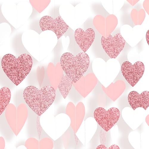 Image of Rose-Gold Pink White Party-Decoration Heart Garland - 39Ft 21st Women Birthday Hanging Backdrop Streamers,Graduation Baby Bridal Shower Engagement Wedding Bachelorette Banner Supplies Decor