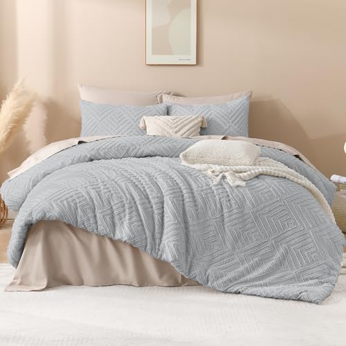 Image of Andency Light Grey Boho Queen Comforter Set, Lightweight Fluffy Bedding Comforter Sets for Queen Bed, 3 Pieces Tufted Farmhouse Shabby Chic Bed Set for All Seasons (1 Comforter 90x90In, 2 Pillowcases)