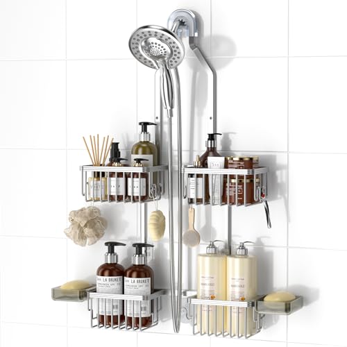 REINHARDT Aluminum Shower Caddy Hanging Adjustable Shower Caddy Rustproof Hanging Shower Organizer with Hooks Soap Holders Over Shower Head Caddy for Handheld Showerhead Silver