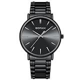 BOFAN Watches for Men Minimalist Fashion Simple Mens Watches with Black Stainless Steel Expansion Band,Black Dial,Water Resistant.(6.89in-7.48in)
