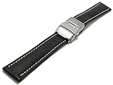 KURZBESCHREIBUNG - Uhrenarmband aus Leder -- Farbe schwarz -- helle Naht -- Stegbreite 20mm -- Normallänge -- mit Titan-Faltschließe -- sportiver Look -- passend für Uhren mit Standard-Bandanstoß -- MEYHOFER-Kollektion 