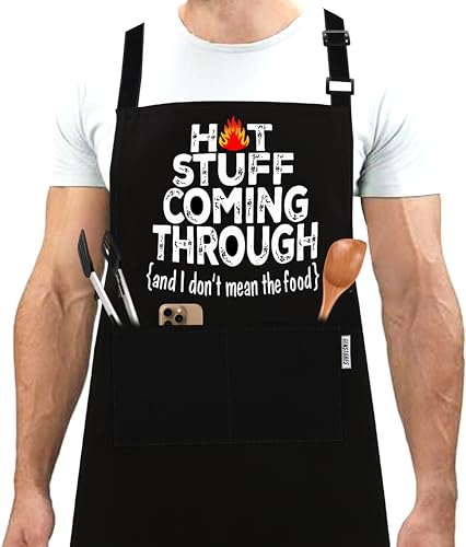 GENSTORES Funny Grilling Aprons for Men with Pockets - BBQ & Baking Aprons for Dad, Son & Grandad - Hot Stuff Coming