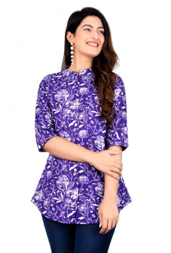 Image of Women's Rayon Floral Printed Short Kurti | Regular Fit | Mandarin Collar | Casual Wear for Office, College