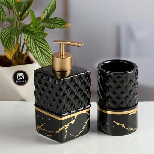 Image of Kookee Ceramic Bathroom Accessories Set of 2 | Soap Dispenser & Toothbrush Holder | Modern Bath Organiser | Luxury Home Gift Set (11579)