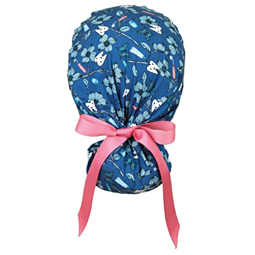 Image of Scrub Cap for Women and Men, Ponytail Scrub Caps, Working Hat, Head Cover with Ribbon Ties and Buttons, Long Hair