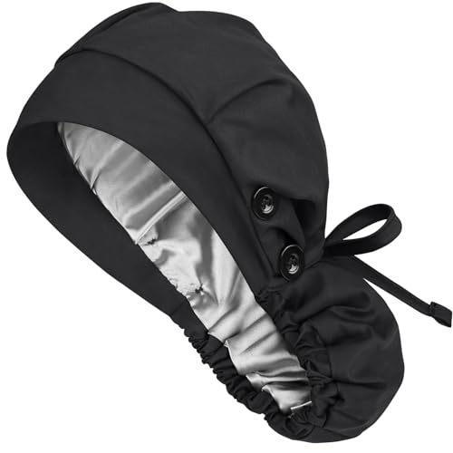 Ponytail Scrub Cap Satin Lined Womens Nurse Hat Silk Surgical Bouffant Bonnets with Buttons Black
