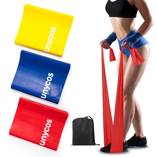 unycos - Latex Elastic Fitness Band with Storage Bag, Set of 3 Resistance Bands Light/Medium/Heavy, 7-11kg, 1500mm Anti-Skid Band, Strength-Muscle (Yellow, Red & Blue)